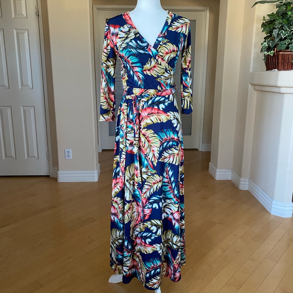 Blue and Red Stretch Boho Maxi Dress Belted Tie